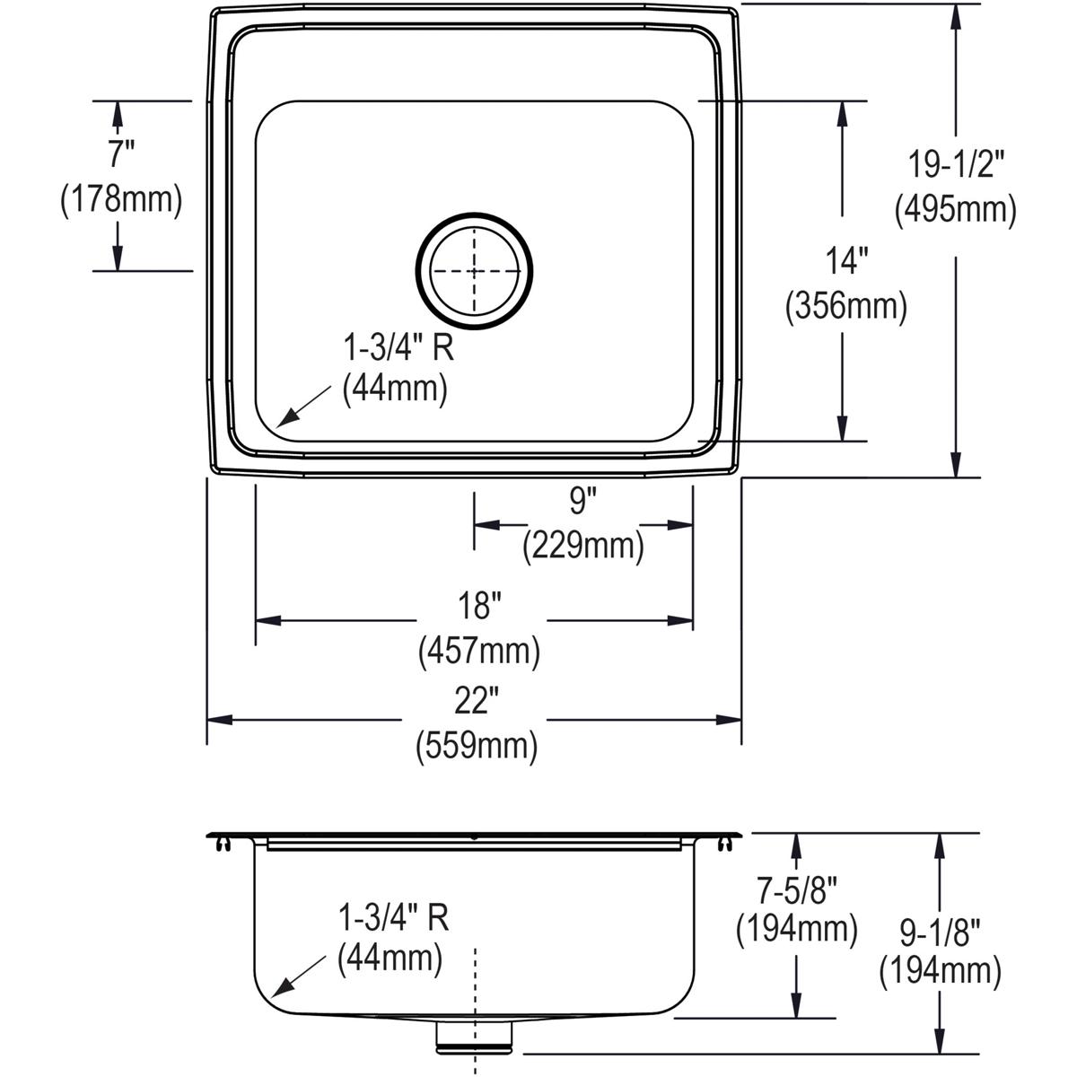Elkay Lustertone Classic 22x19.5x7.625 MR2-Hole Single Bowl Drop-in Sink with Superior Drain