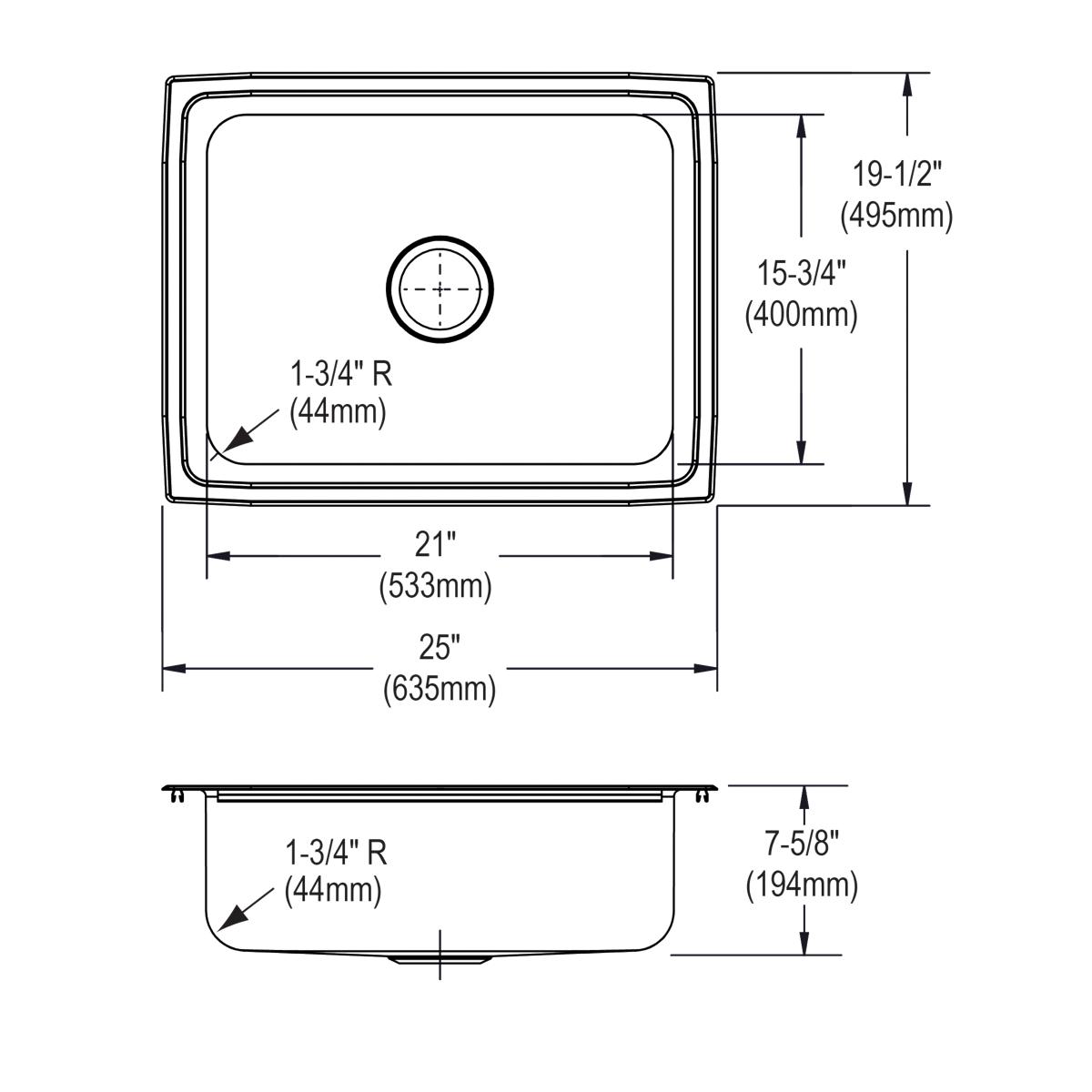 Elkay Lustertone Classic Single Bowl Drop - in Kitchen Sink with Dimensions 25 Inches x 19.5 Inches x 7.625 Inches