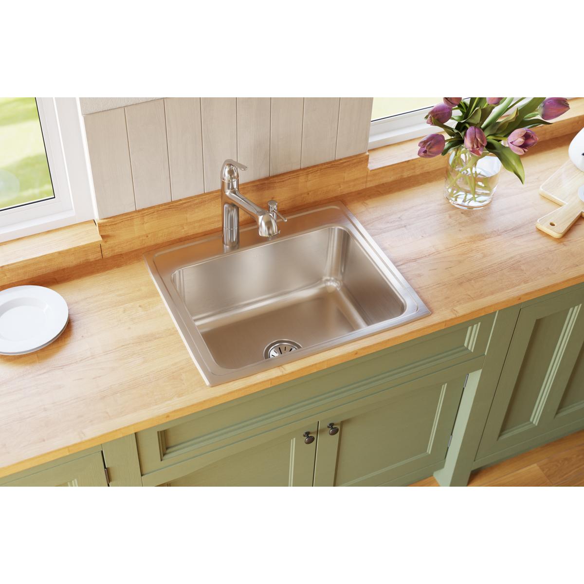 Elkay Lustertone Classic Stainless Steel Single Bowl Drop - in Kitchen Sink with MR2 - Hole Configuration, Dimensions 25 x 21 - 1/4 x 10 - 1/8