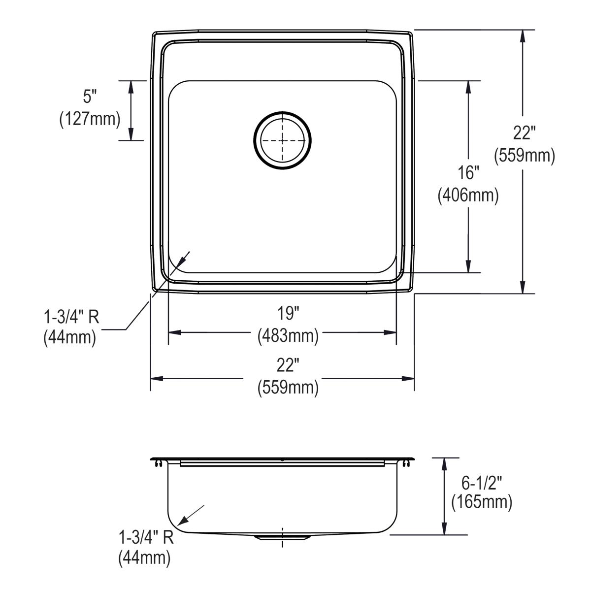 Elkay Lustertone Classic 22x22x6.5 Single Bowl Drop - in ADA - compliant Sink with MR2 Holes