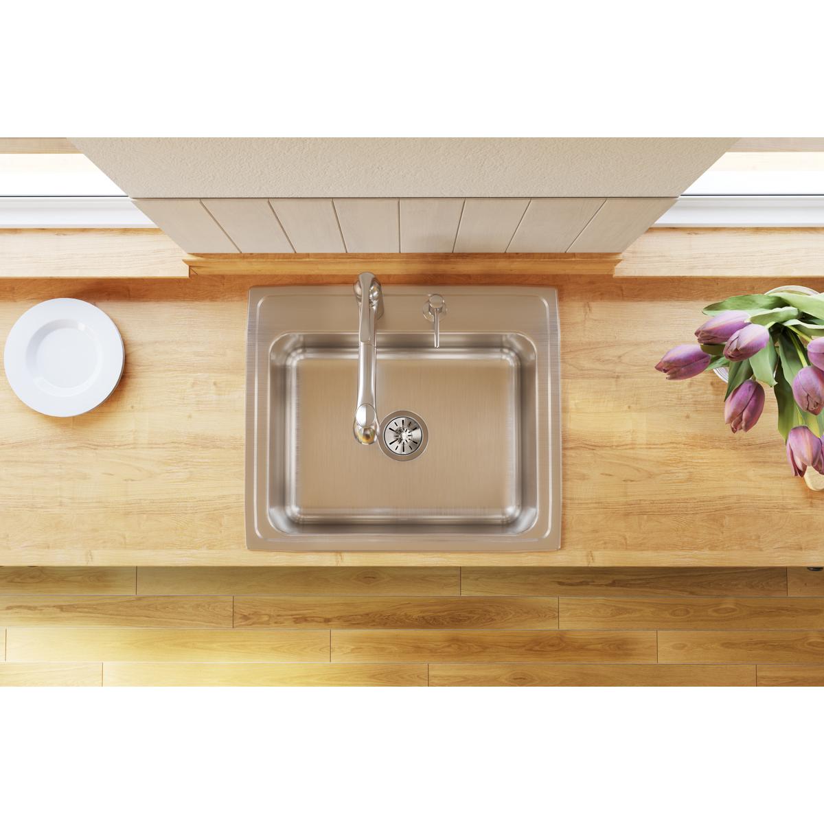 Elkay Lustertone Classic Stainless Steel Single Bowl Drop - in Kitchen Sink with MR2 - Hole Configuration, Dimensions 25 x 21 - 1/4 x 10 - 1/8