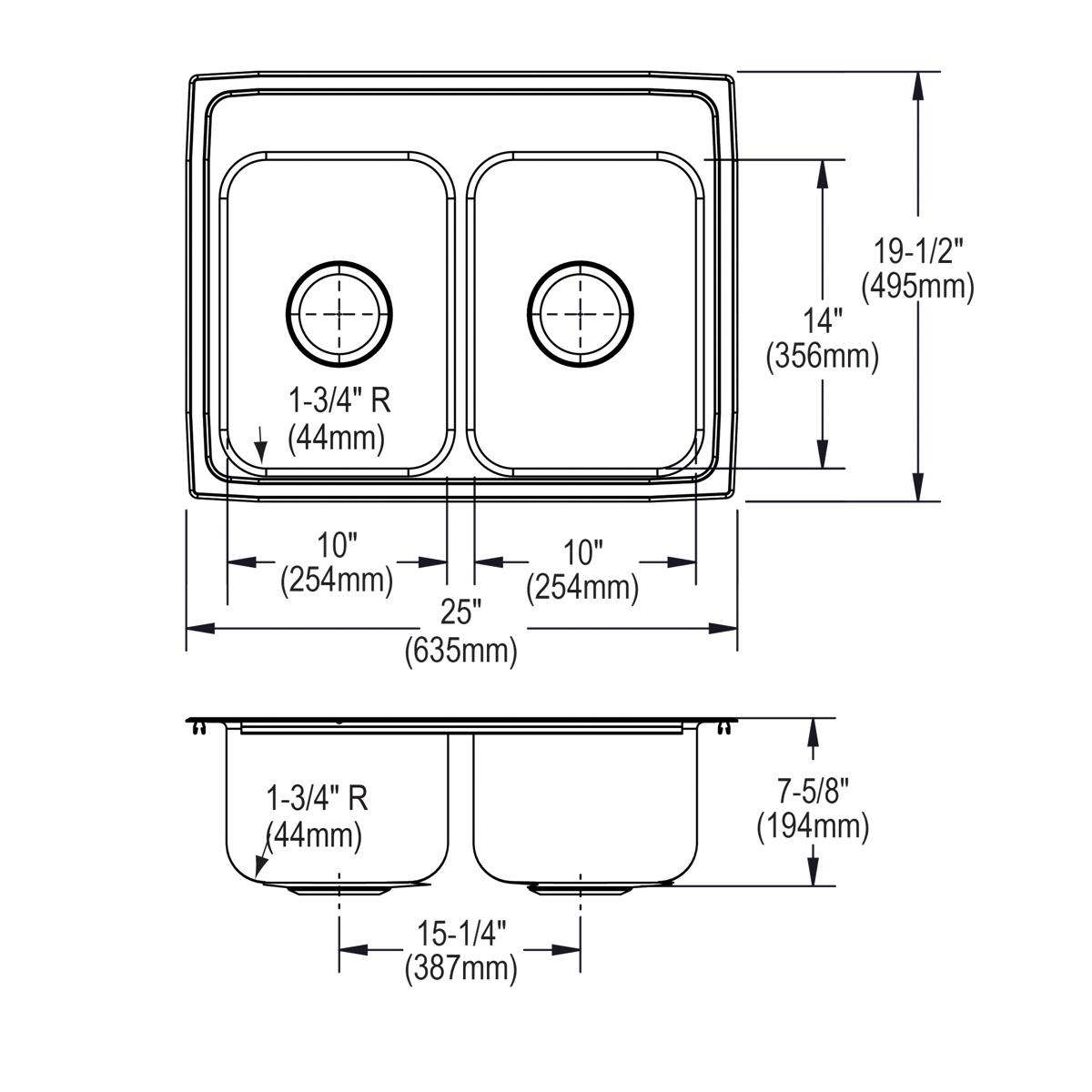Elkay Lustertone Classic Premium Equal Double Bowl Drop - in Kitchen Sink with Quick - clip Mounting, Measuring 25 x 19 - 1/2 x 7 - 5/8 Inches