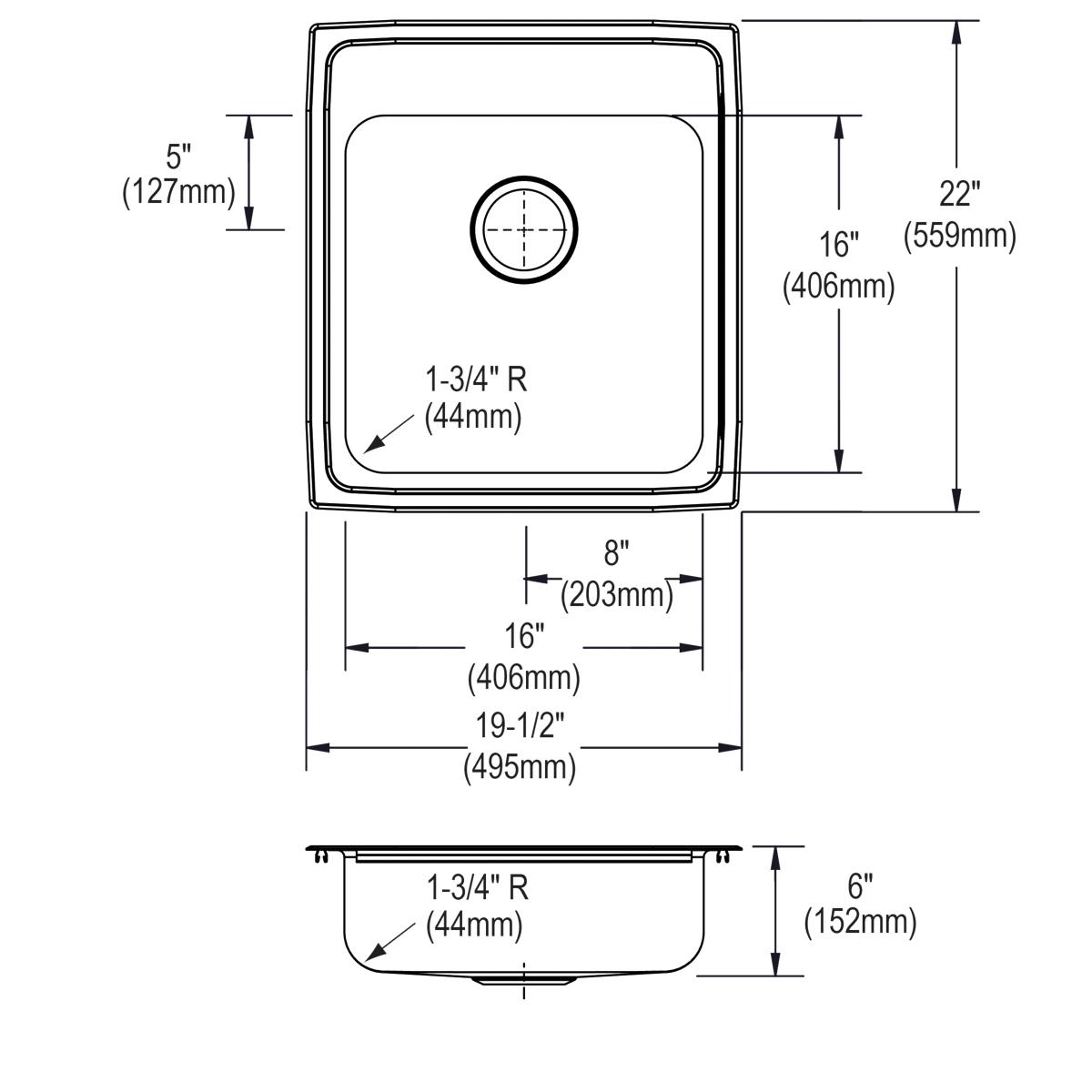 Elkay Lustertone Classic Drop - in Single Bowl ADA - Compliant Kitchen or Bathroom Sink with Quick - clip Installation, Measuring 19 - 1/2 Inches by 22 Inches by 6 Inches and Featuring MR2 - Hole Design
