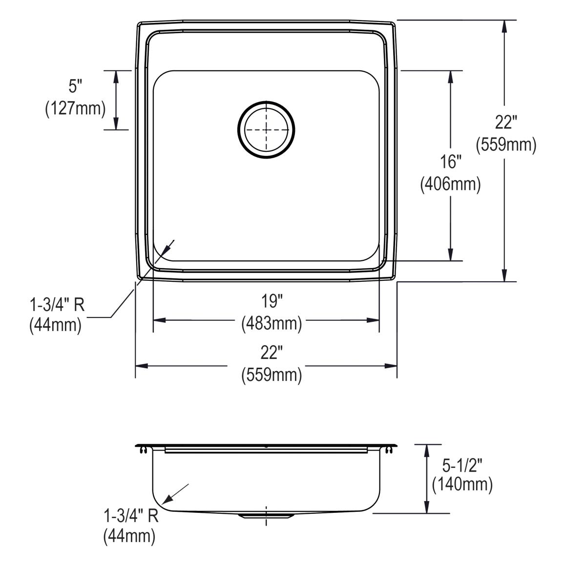 Elkay Lustertone Classic Single Bowl Drop - in ADA - Compliant Kitchen and Bathroom Sink with Quick - clip, Measuring 22 Inches by 22 Inches by 5.5 Inches and Featuring MR2 - Hole Design