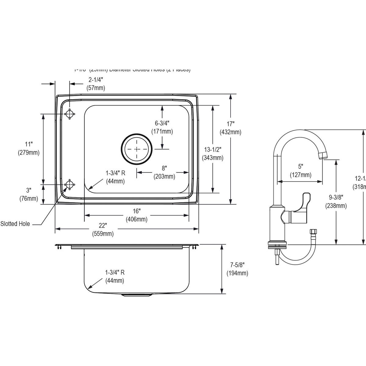 Elkay Lustertone Classic 22x17x7-5/8 Single Drop-in Classroom Sink with Faucet & Bubbler Kit