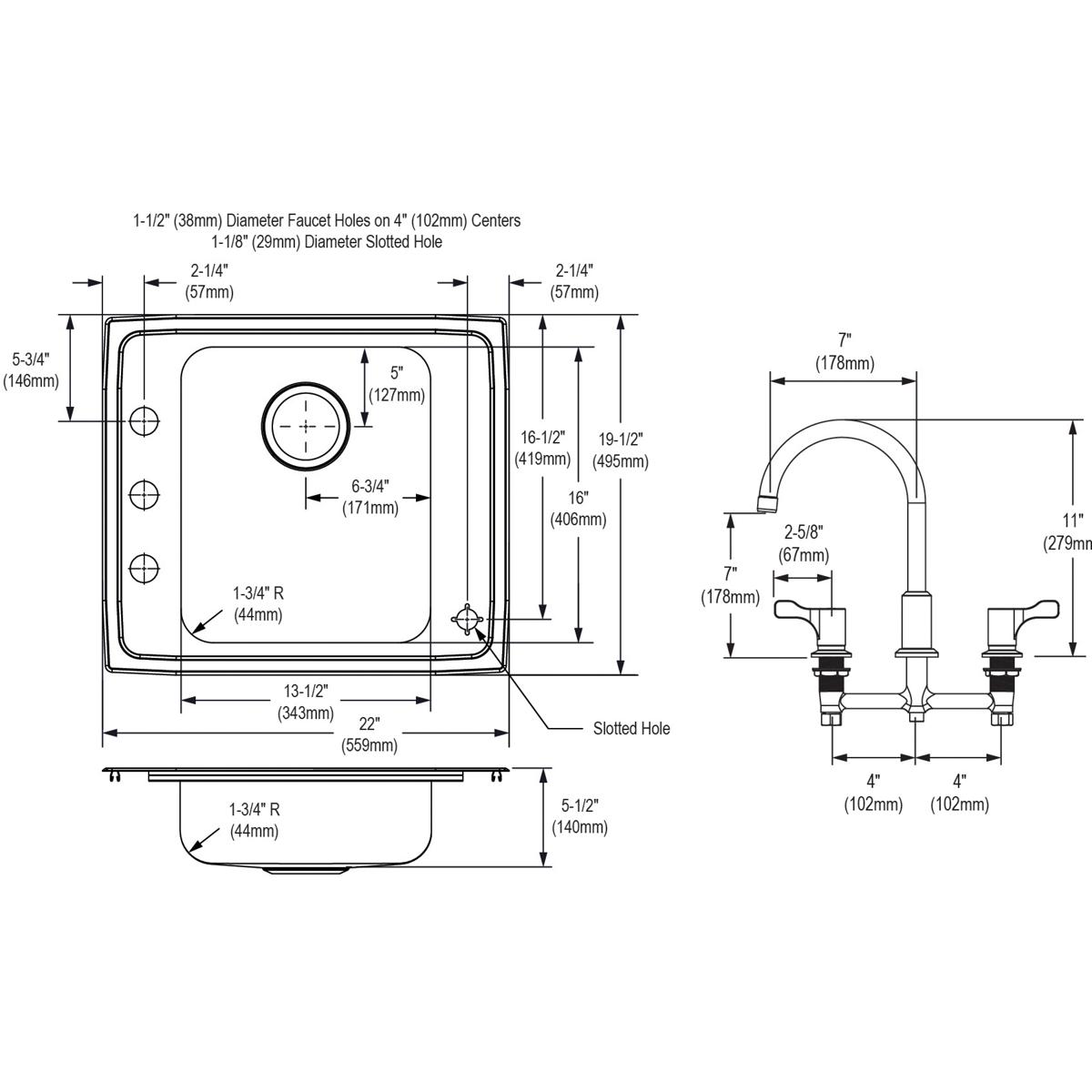 Elkay Lustertone Classic Single Bowl Drop - in Classroom ADA - Compliant Sink Kit with Dimensions of 22 Inches by 19 - 1/2 Inches by 5 - 1/2 Inches
