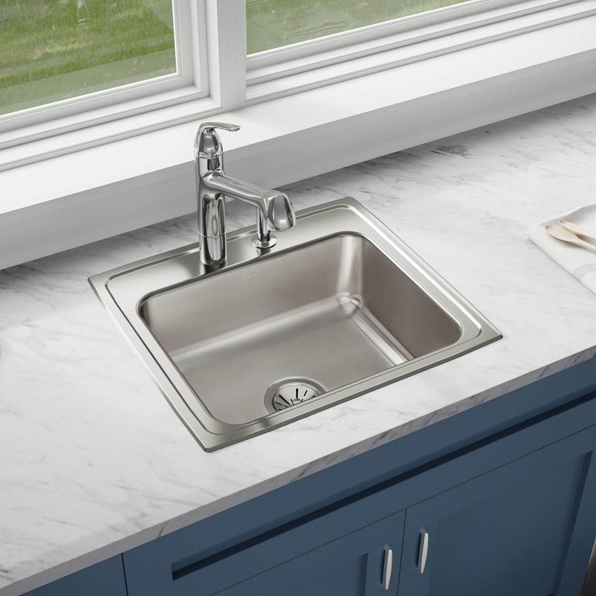 Elkay Lustertone Classic Single Bowl Drop - in Stainless Steel Kitchen Sink, Dimensions: 22 x 19 - 1/2 x 7 - 5/8 Inches