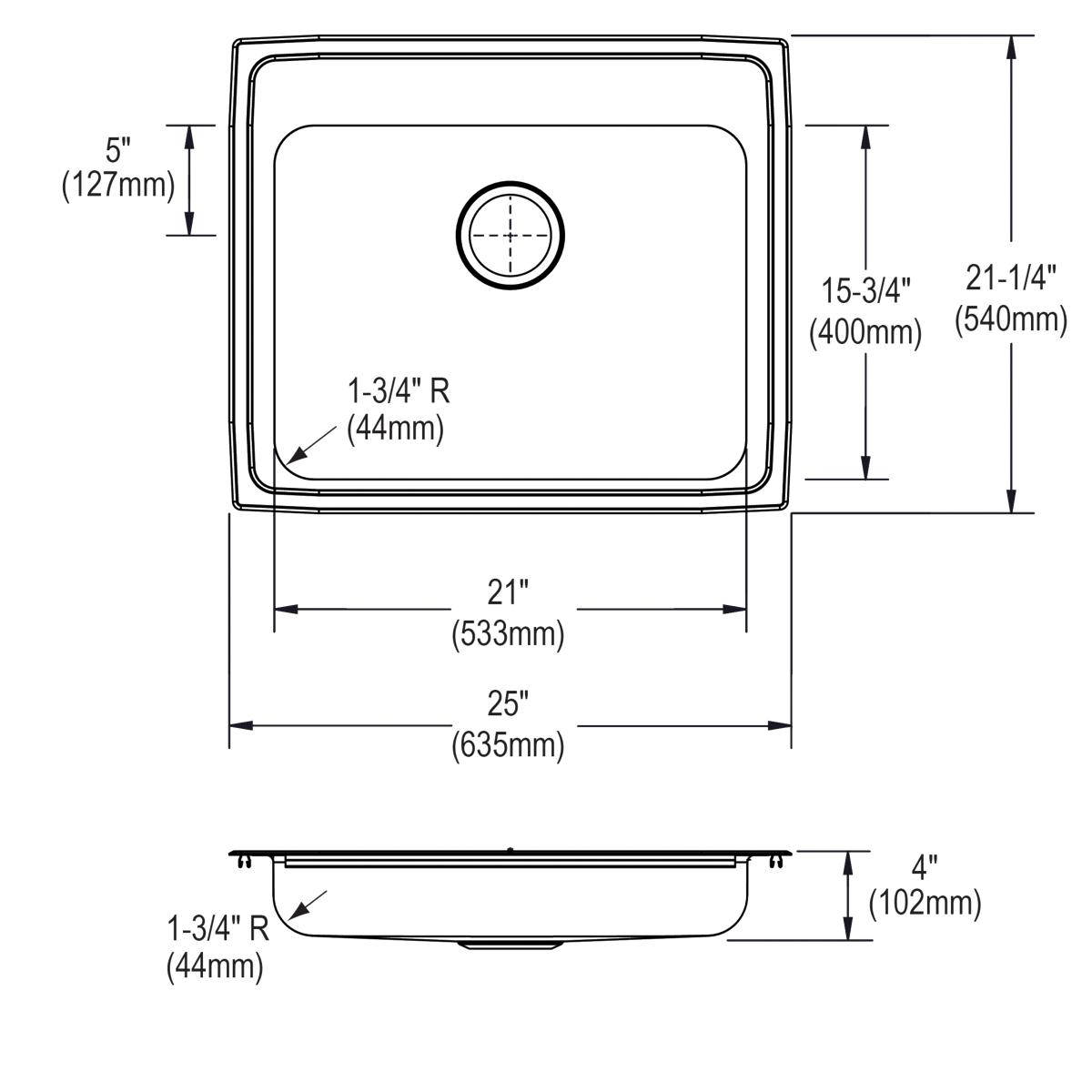 Elkay Lustertone Classic 25x21-1/4x4 Single Bowl Drop-in ADA Sink with Durable Quick-clip