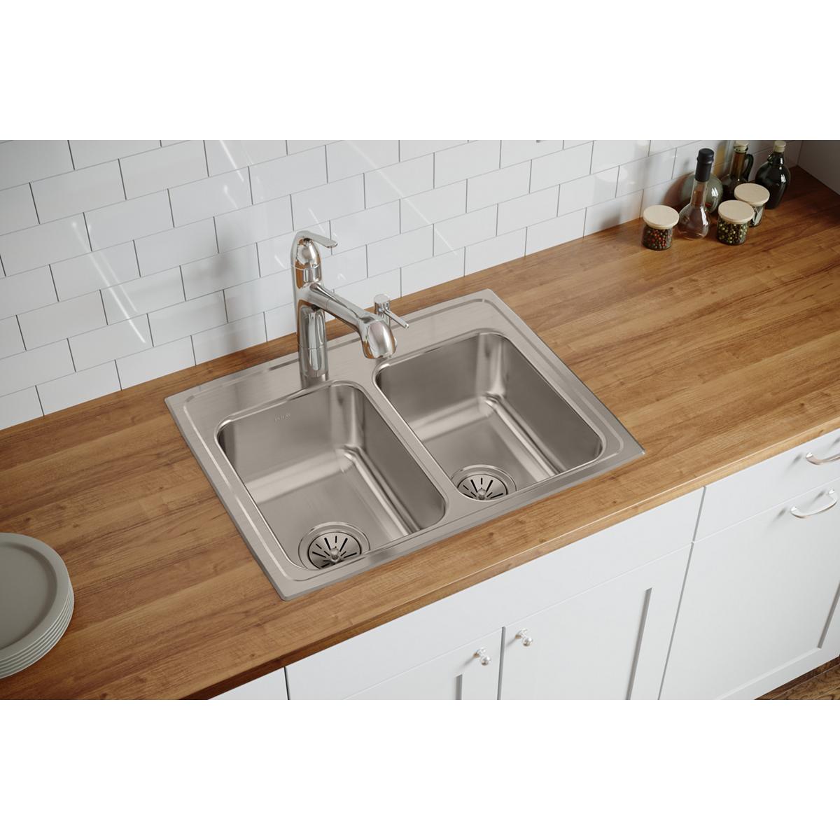 Elkay Lustertone Classic Premium Equal Double Bowl Drop - in Kitchen Sink with Quick - clip Mounting, Measuring 25 x 19 - 1/2 x 7 - 5/8 Inches