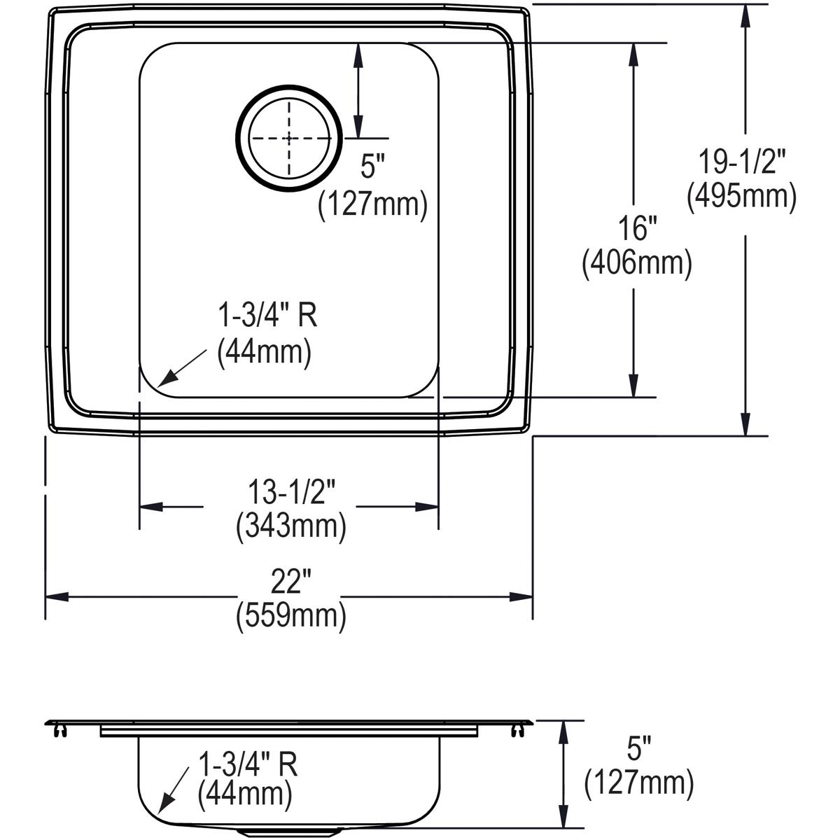 Elkay Lustertone Classic 22 x 19.5 x 5 ADA - Compliant Single Bowl Drop - in Classroom Sink