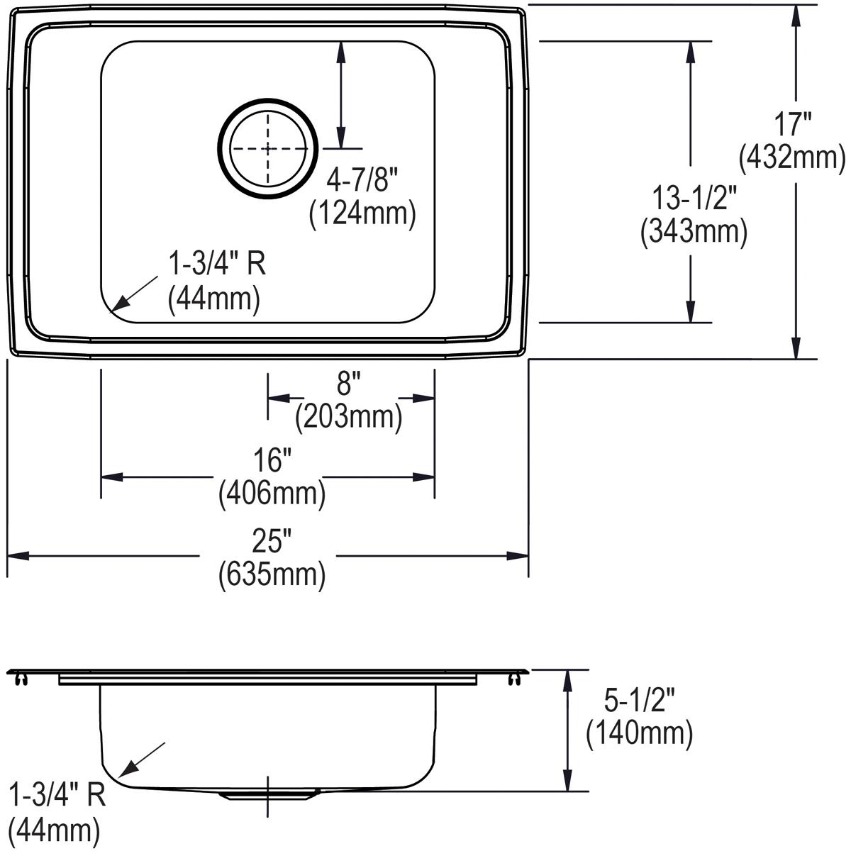 Elkay Lustertone Classic Drop - in Single Bowl Classroom ADA - compliant Sink with 25 - inch Length, 17 - inch Width and 5 - 1/2 - inch Depth and FR2 - Hole Design
