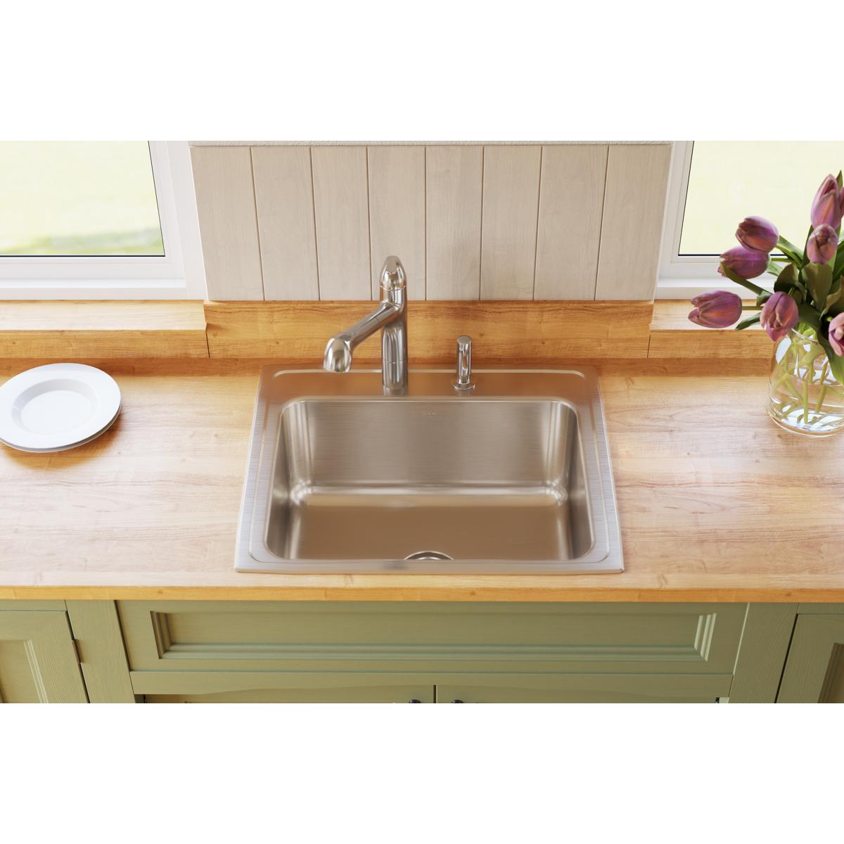 Elkay Lustertone Classic Stainless Steel Single Bowl Drop - in Kitchen Sink with MR2 - Hole Configuration, Dimensions 25 x 21 - 1/4 x 10 - 1/8