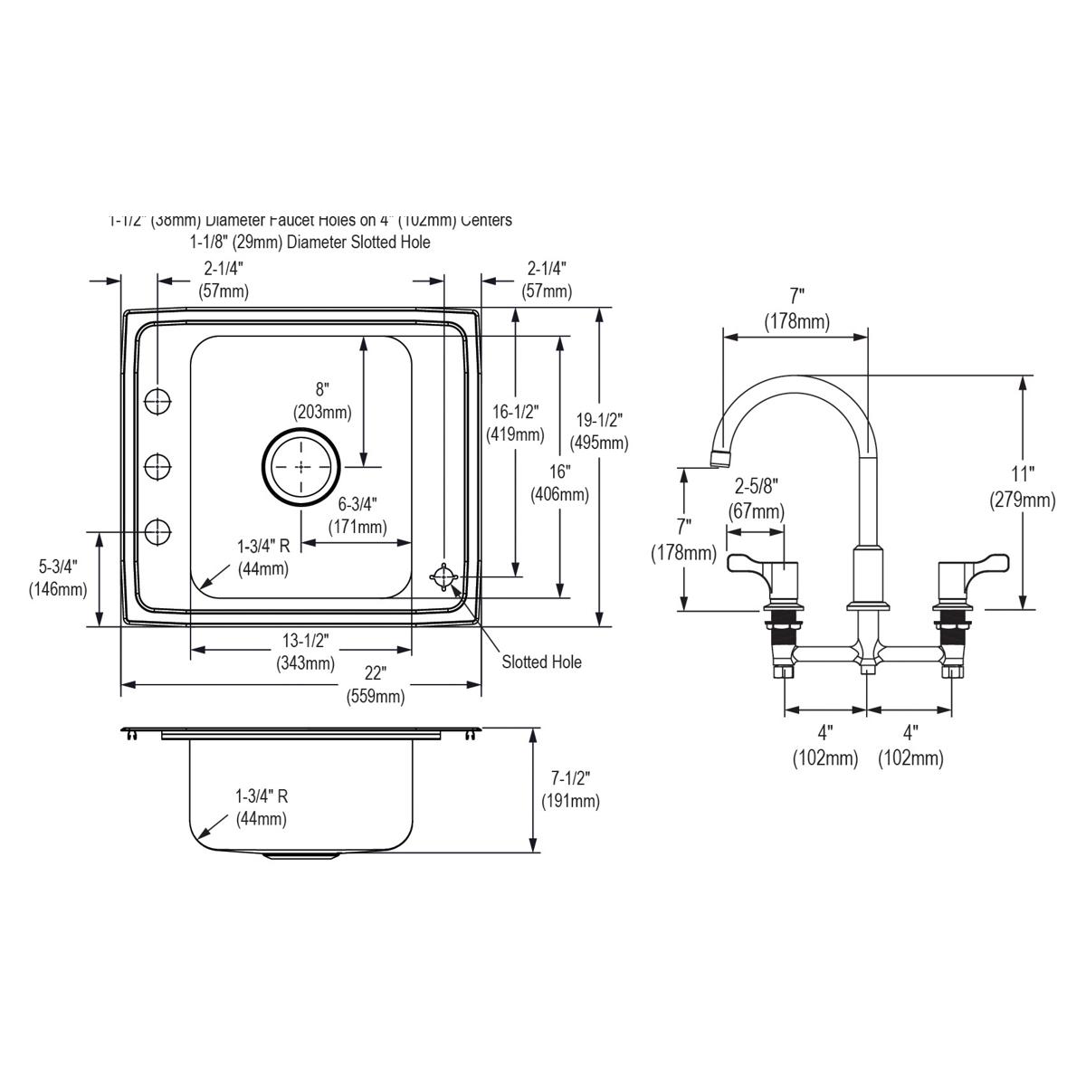 Elkay Lustertone Classic Single Classroom Sink with Dimensions of 22 x 19-1/2 x 7-1/2 Inches + Complete Faucet and Bubbler Kit