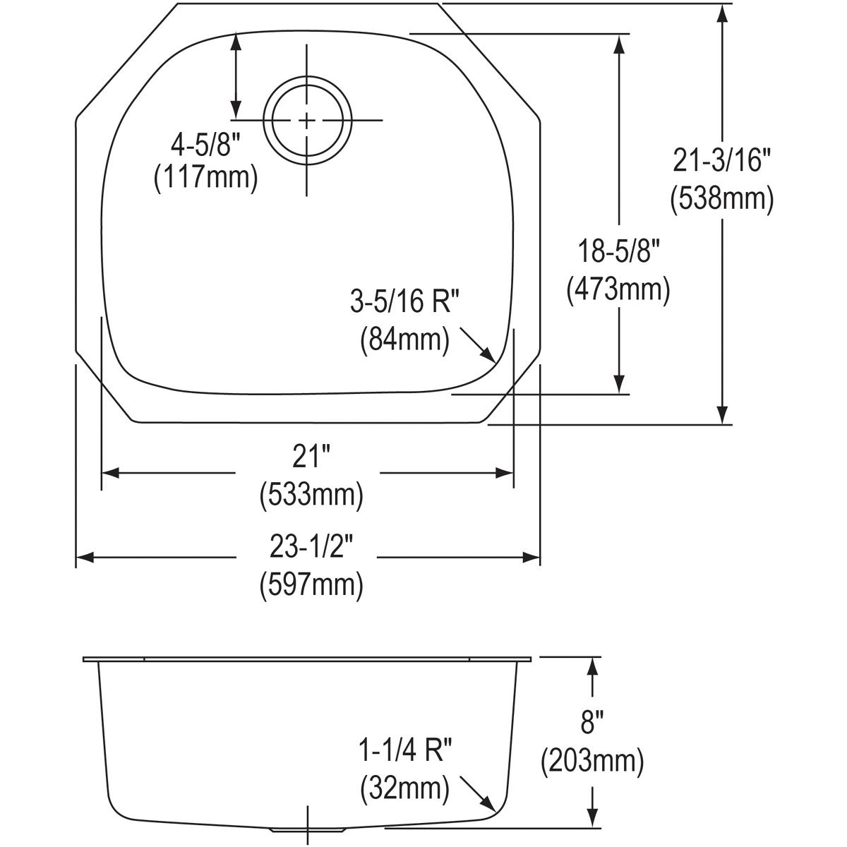 Elkay Dayton Single Bowl Undermount Kitchen Sink with Dimensions 23-1/2 x 21-3/16 x 8