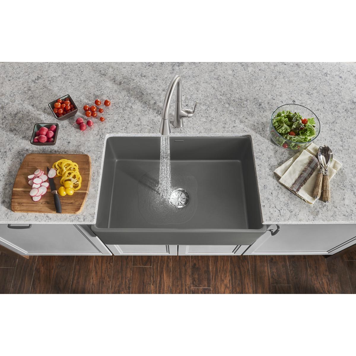 Elkay Fireclay Single Bowl Farmhouse Kitchen Sink in Elegant Gray, Measuring 30 x 19-15/16 x 9-1/8