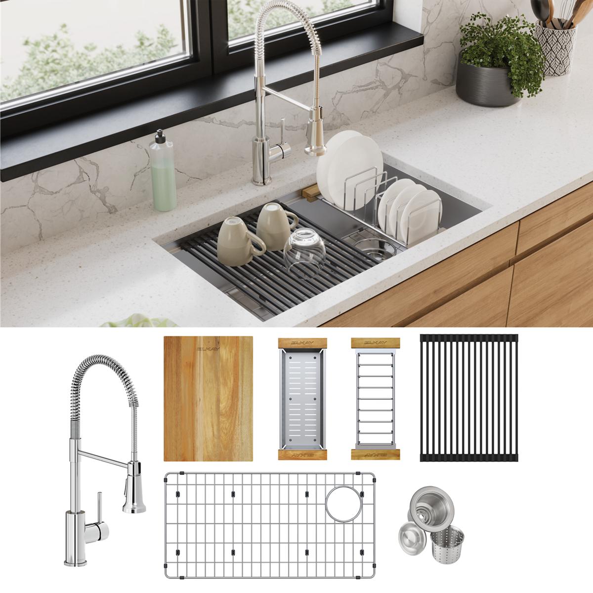 Elkay Crosstown 18 Gauge Stainless Steel Single Bowl Undermount Workstation Sink with Faucet and Accessories Kit for Modern Kitchens