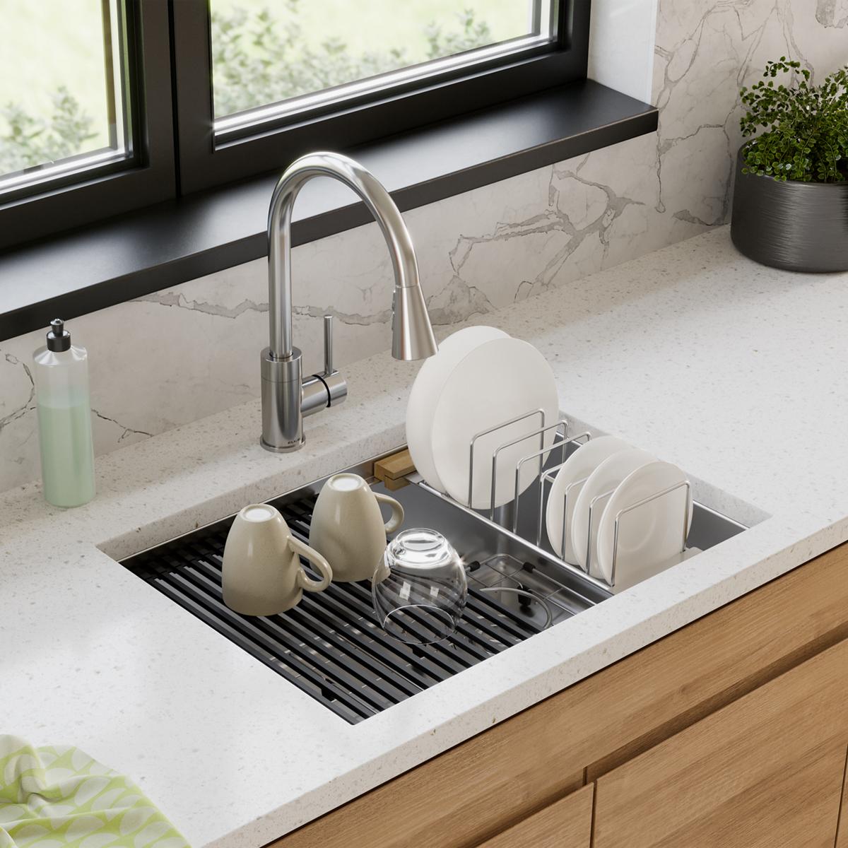 Elkay Crosstown Kitchen Drying Rack with Wooden Handles, Dimensions: 16-7/8 x 6-3/4 x 4-1/4