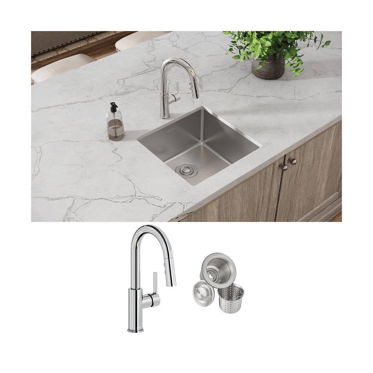 Elkay Crosstown High - Quality 18 - Gauge Stainless Steel 18 - 1/2 x 18 - 1/2 x 9 Single Bowl Undermount Kitchen Sink and Faucet Kit with Drain
