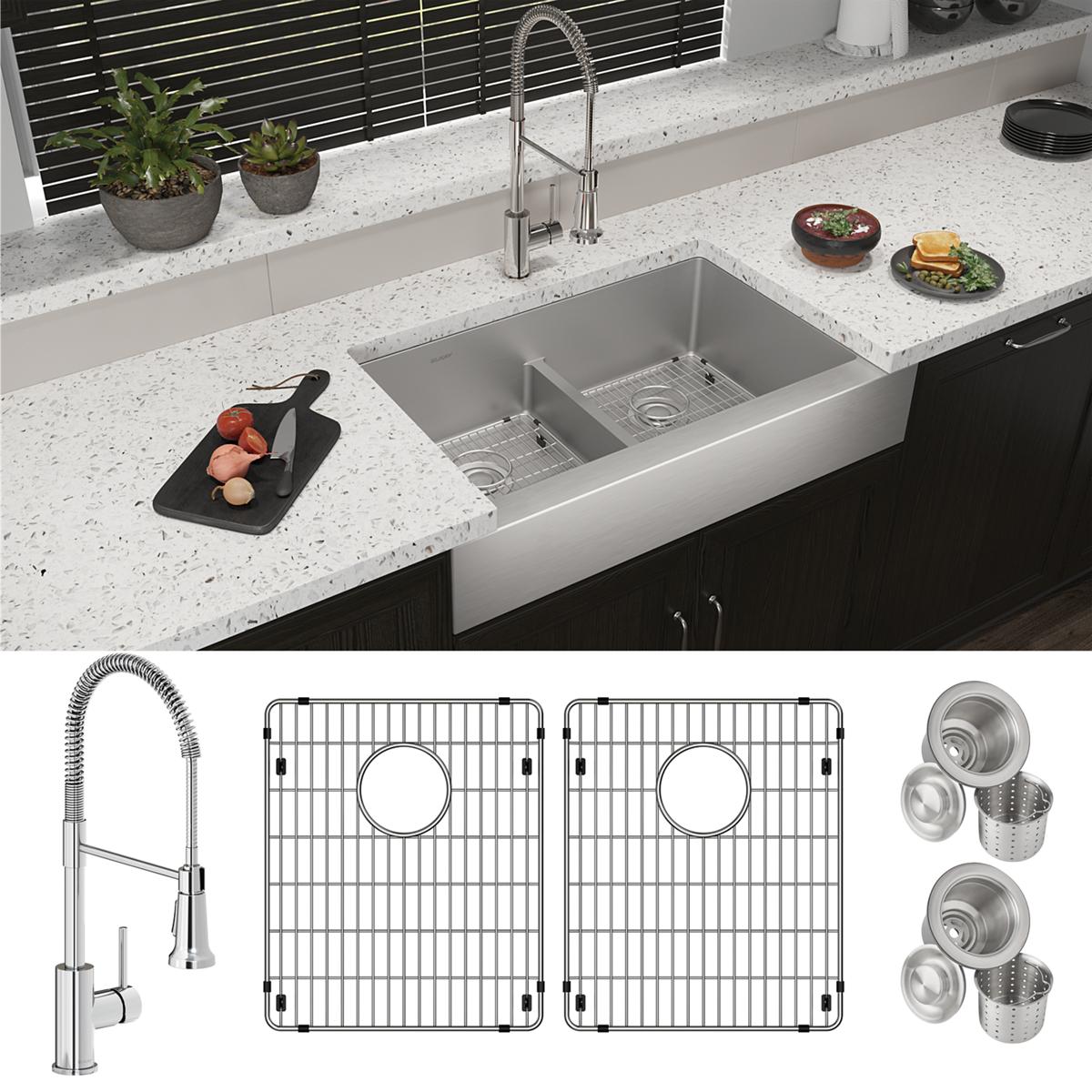 Elkay Crosstown High - Quality 18 Gauge 35 - 7/8 x 20 - 1/4 x 9 Inch Equal Double Bowl Farmhouse Kitchen Sink and Faucet Kit with Aqua Divider, Bottom Grid, and Drain