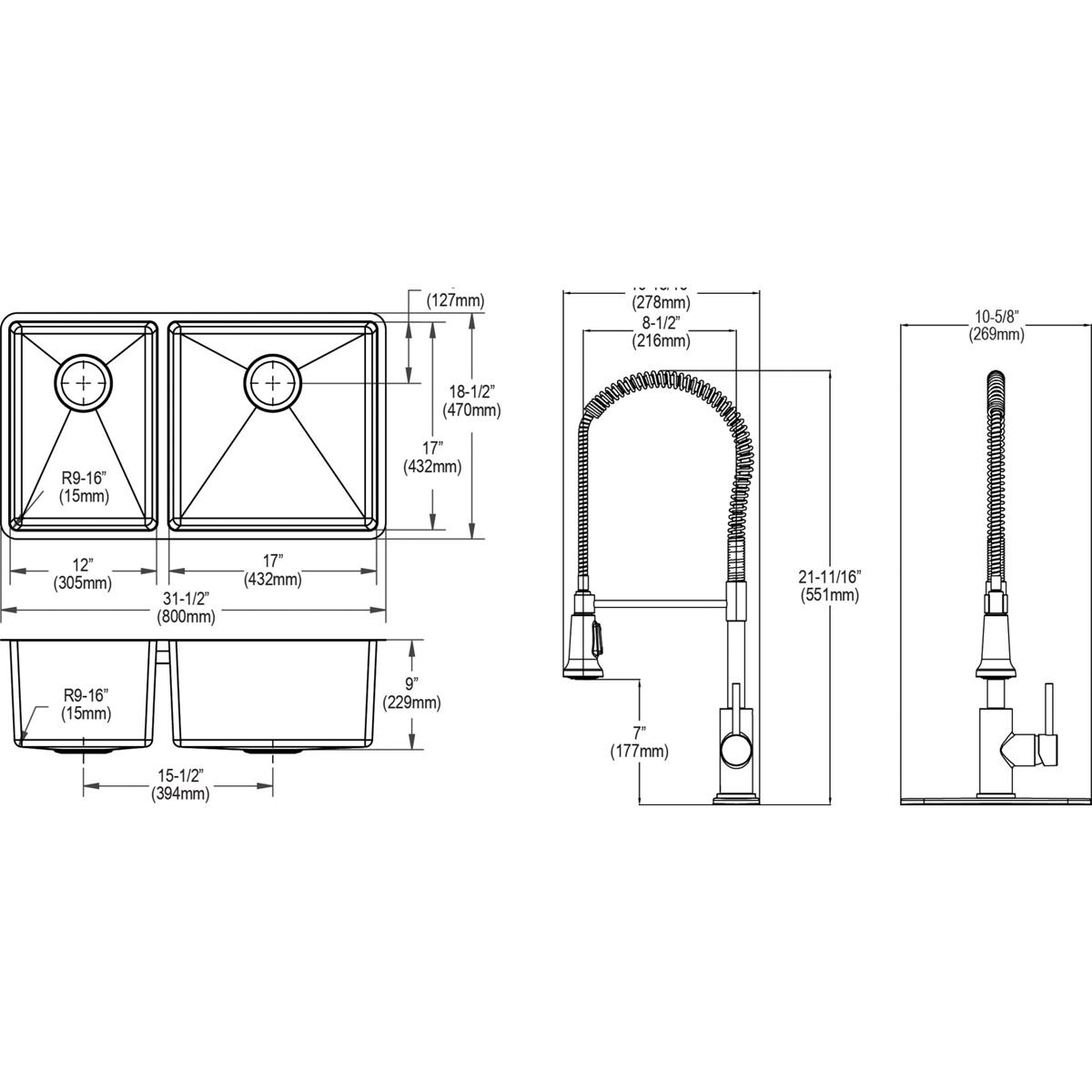 Elkay Crosstown 18 Gauge 31.5x18.5x9 40/60 Double Bowl Undermount Sink & Faucet Kit with Accessories