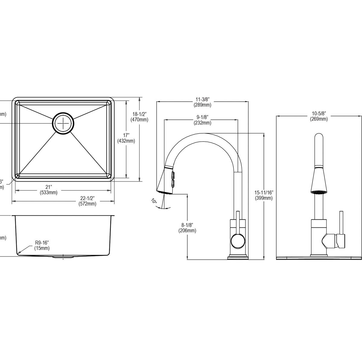 Elkay Crosstown Premium 18 Gauge Stainless Steel 22-1/2 x 18-1/2 x 9 Single Bowl Undermount Kitchen Sink and Faucet Kit with Drain for Home Use