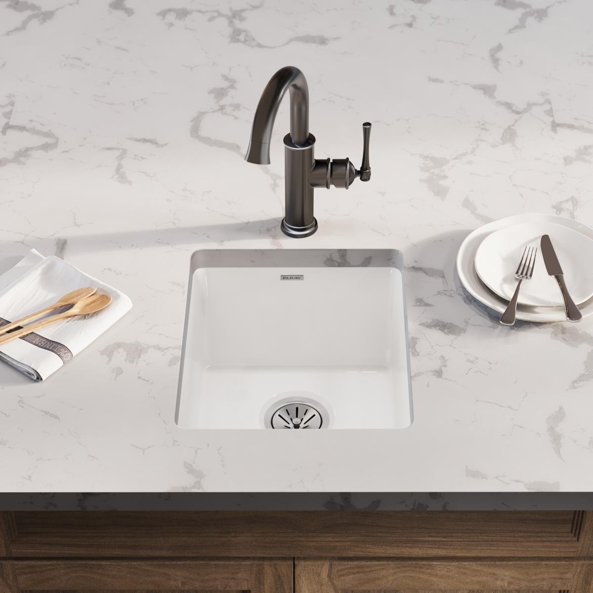 Elkay High - Quality Fireclay Single - Bowl Undermount Bar Sink with Dimensions of 16 - 7/16 x 18 - 15/16 x 9 - 1/16