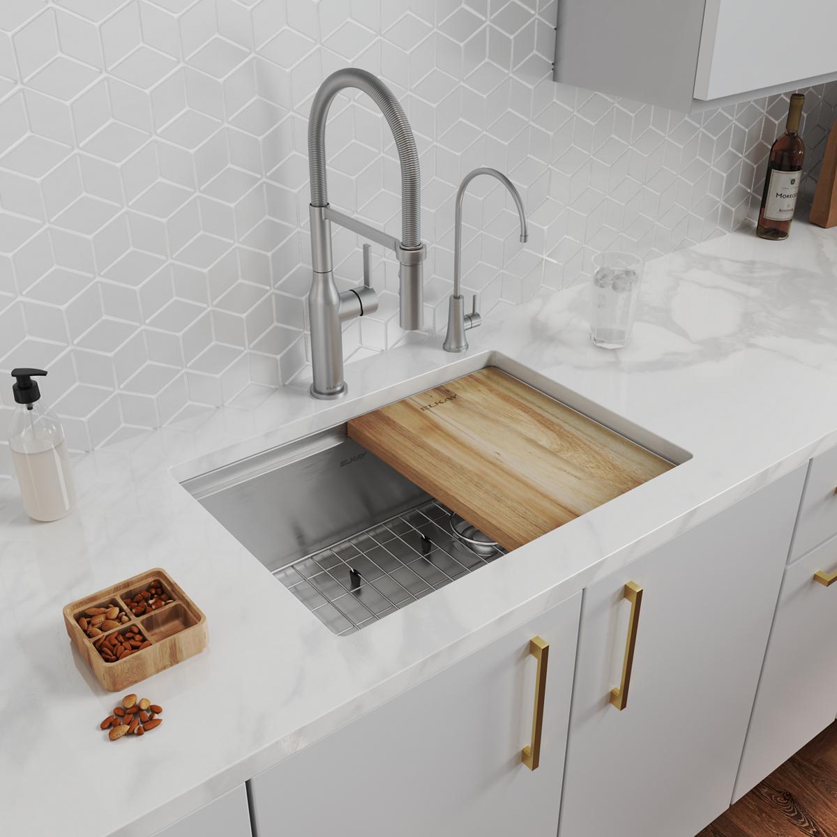 Elkay Crosstown 16 Gauge Single Bowl Undermount Workstation Sink Kit with Filtered Faucet