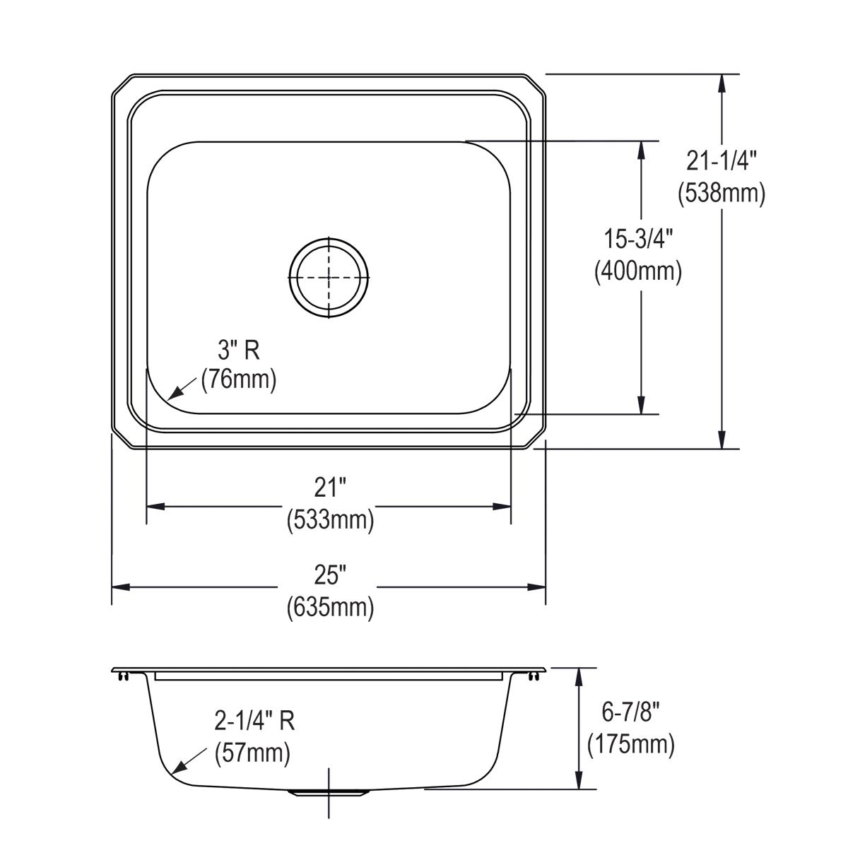 Elkay Celebrity Single Bowl Drop - in Kitchen Sink, Dimensions 25 x 21 - 1/4 x 6 - 7/8 Inches