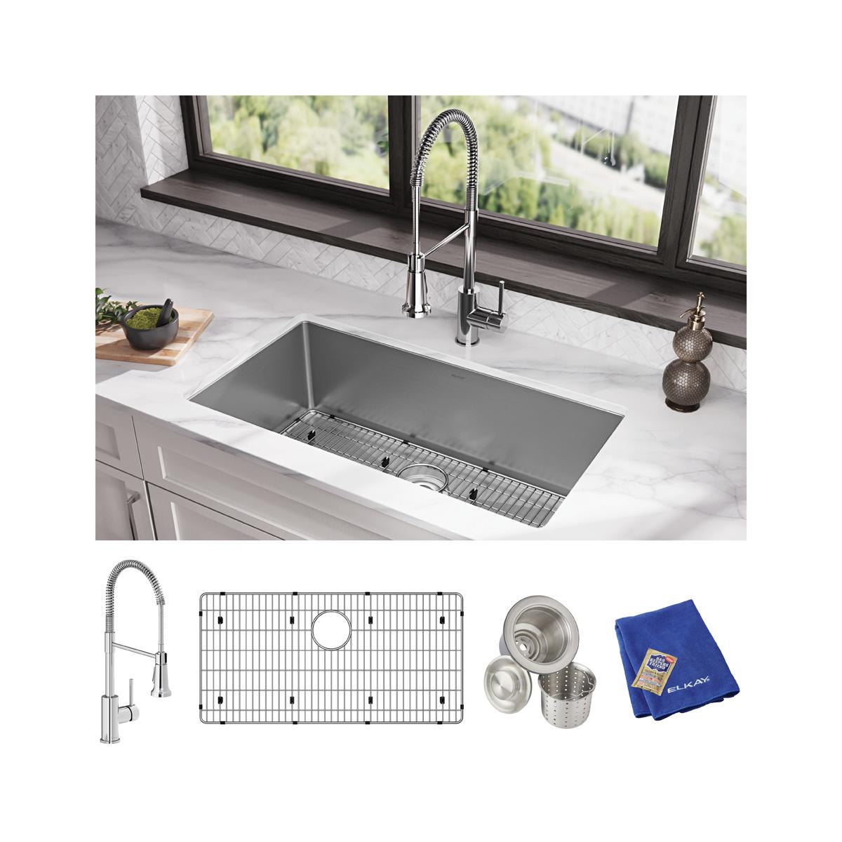 Elkay Crosstown Premium 16 Gauge Stainless Steel 32.5 x 18 x 10 Single Bowl Undermount Kitchen Sink Kit with Faucet