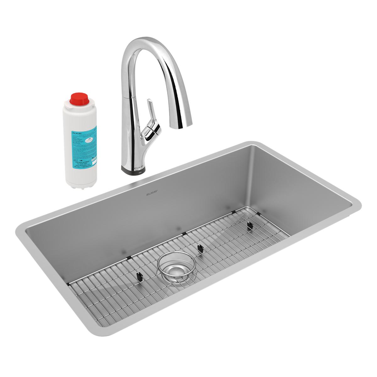 Elkay Crosstown Single Bowl Undermount Kitchen Sink Kit with Filtered Faucet - 16 Gauge, 32-1/2 x 18 x 10 Dimensions
