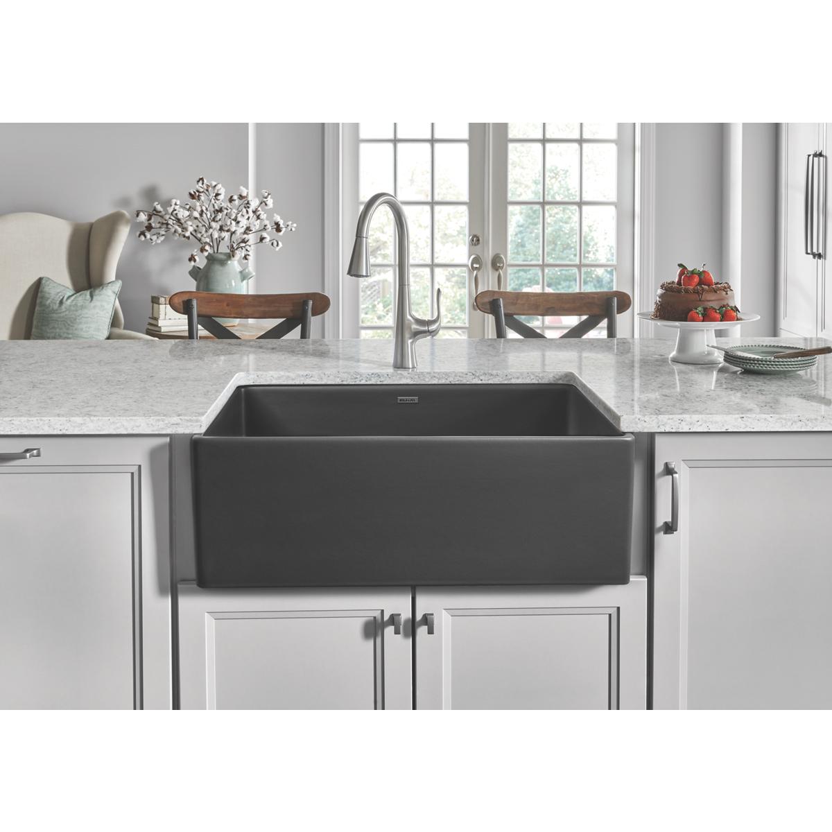Elkay Fireclay Single Bowl Farmhouse Kitchen Sink in Elegant Gray, Measuring 30 x 19-15/16 x 9-1/8