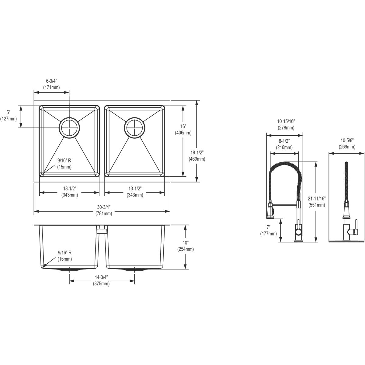 Elkay Crosstown High - Quality 16 Gauge Stainless Steel 30 - 3/4 x 18 - 1/2 x 10 Equal Double Bowl Undermount Kitchen Sink Kit with Faucet for Elegant Kitchens