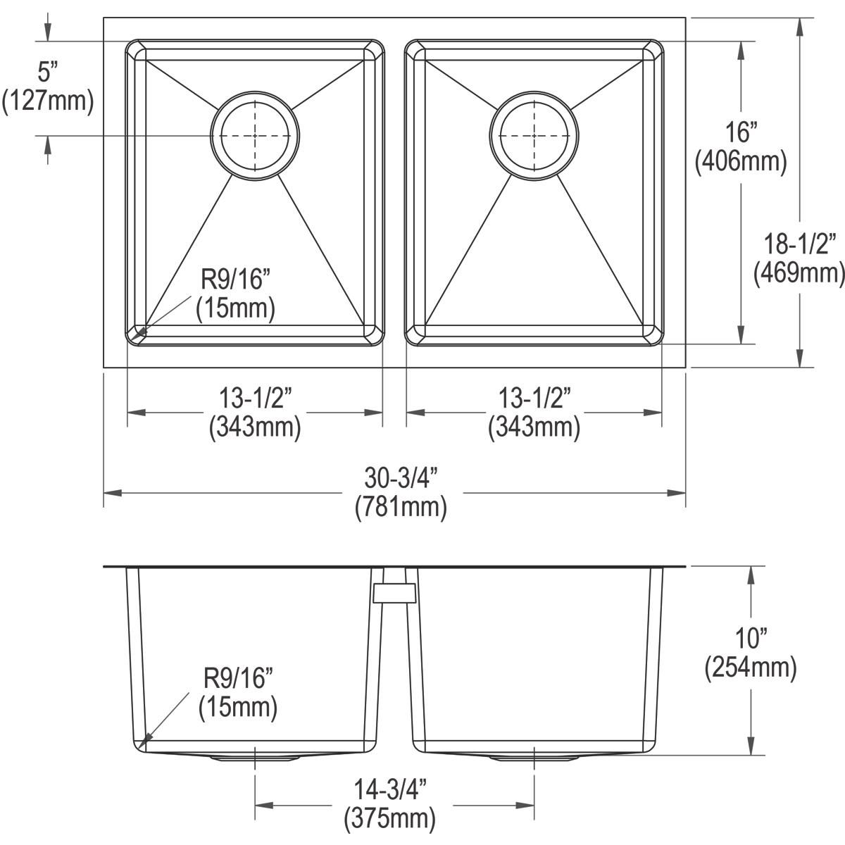 Elkay Crosstown High - Quality 16 Gauge Stainless Steel 30 - 3/4 x 18 - 1/2 x 10 Equal Double Bowl Undermount Kitchen Sink Kit