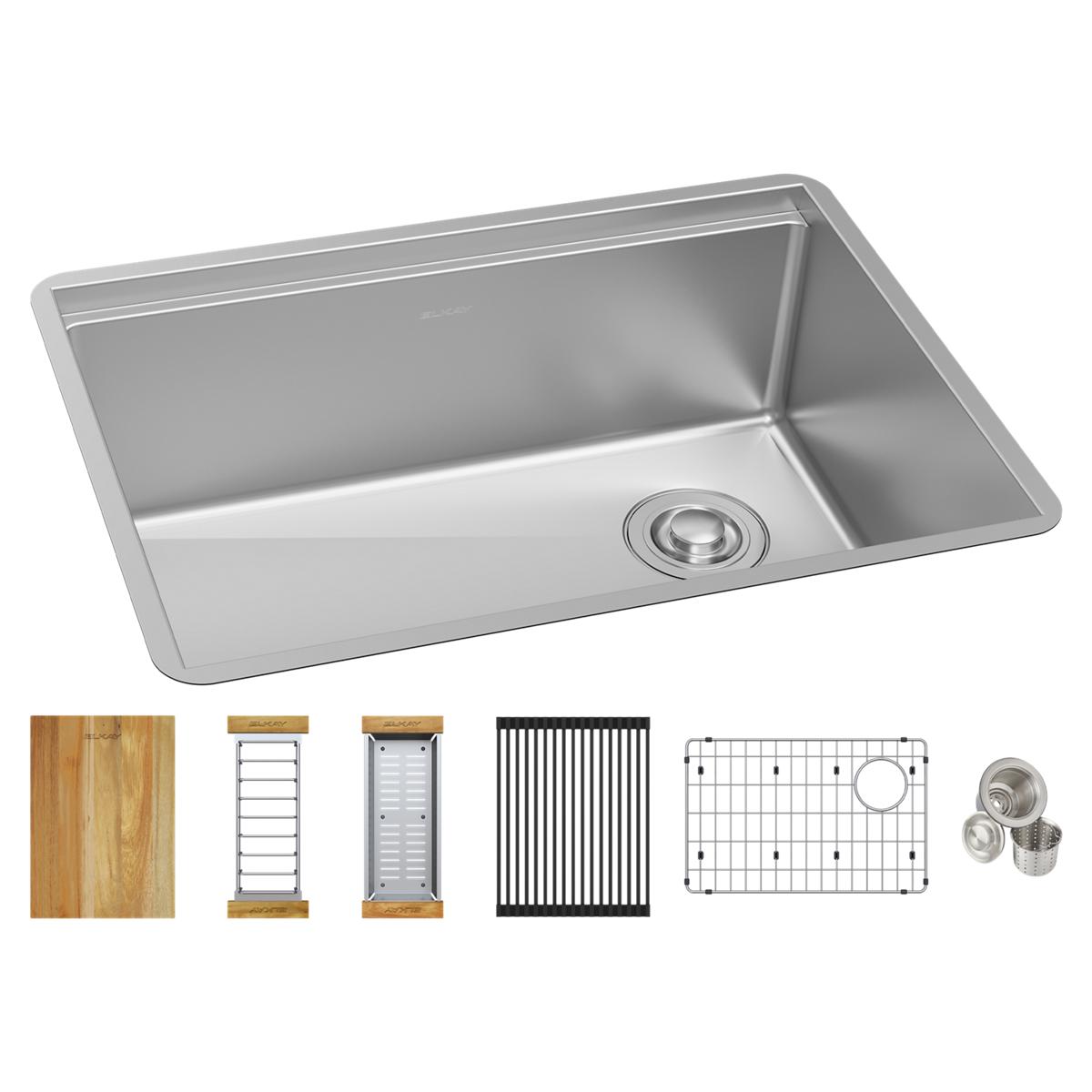 Elkay Crosstown Single Bowl Undermount Kitchen Sink Kit - 18 Gauge Stainless Steel Workstation with 25-1/2 x 18-1/2 x 9 Dimensions