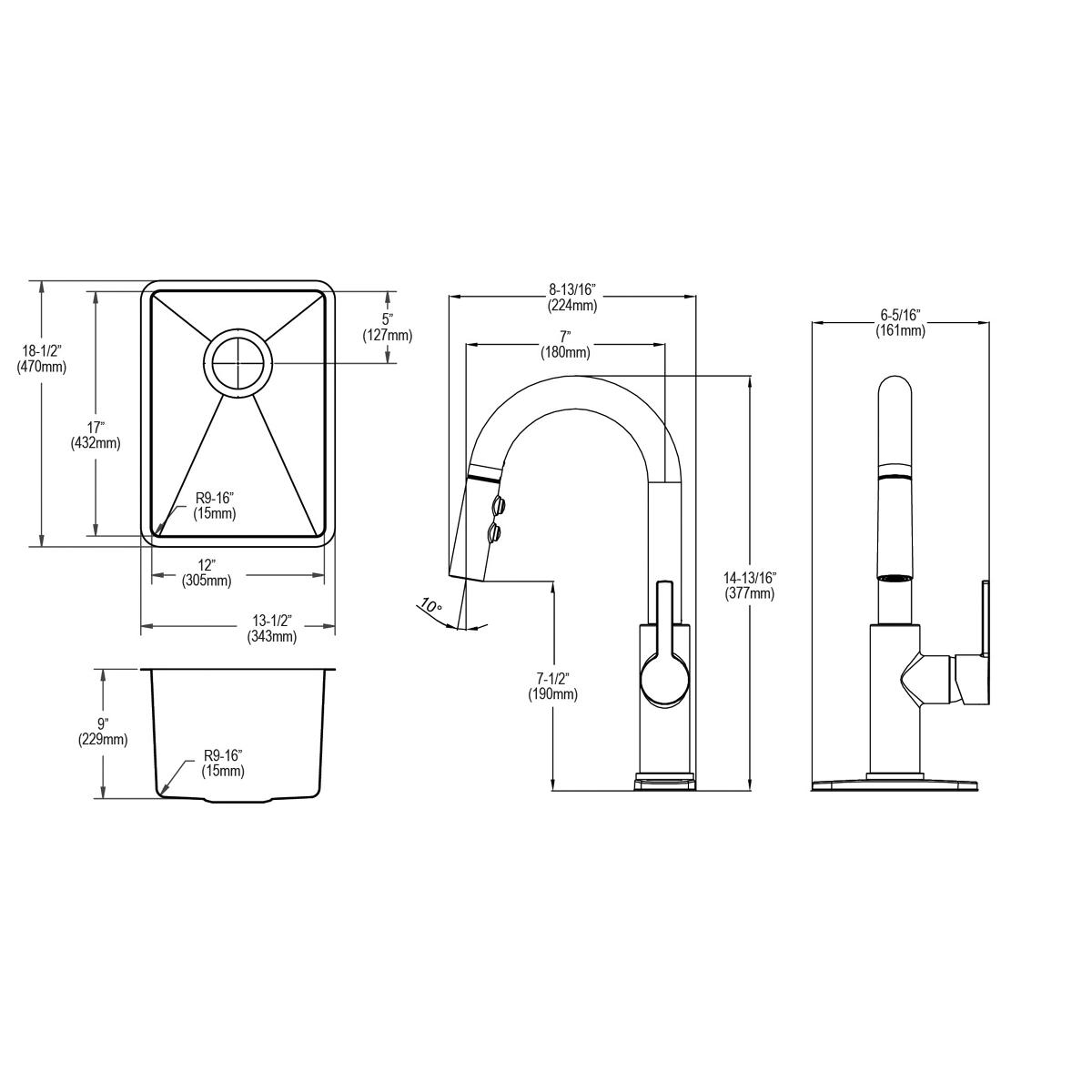 Elkay Crosstown Single Bowl Undermount Bar Sink and Faucet Set with Bottom Grid and Drain - 18 Gauge, 13.5 x 18.5 x 9 Dimensions