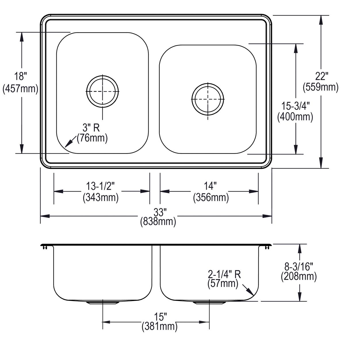 Elkay Dayton Double Bowl Drop - in Kitchen Sink with 33 x 22 x 8 - 3/16 Dimensions and S2 - Hole Offset Design