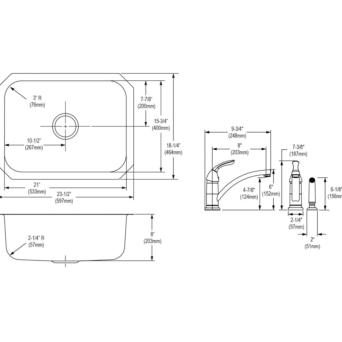 Elkay Dayton High - Quality Single Bowl Undermount Kitchen Sink and Faucet Kit with Dimensions 23 - 1/2 x 18 - 1/4 x 8