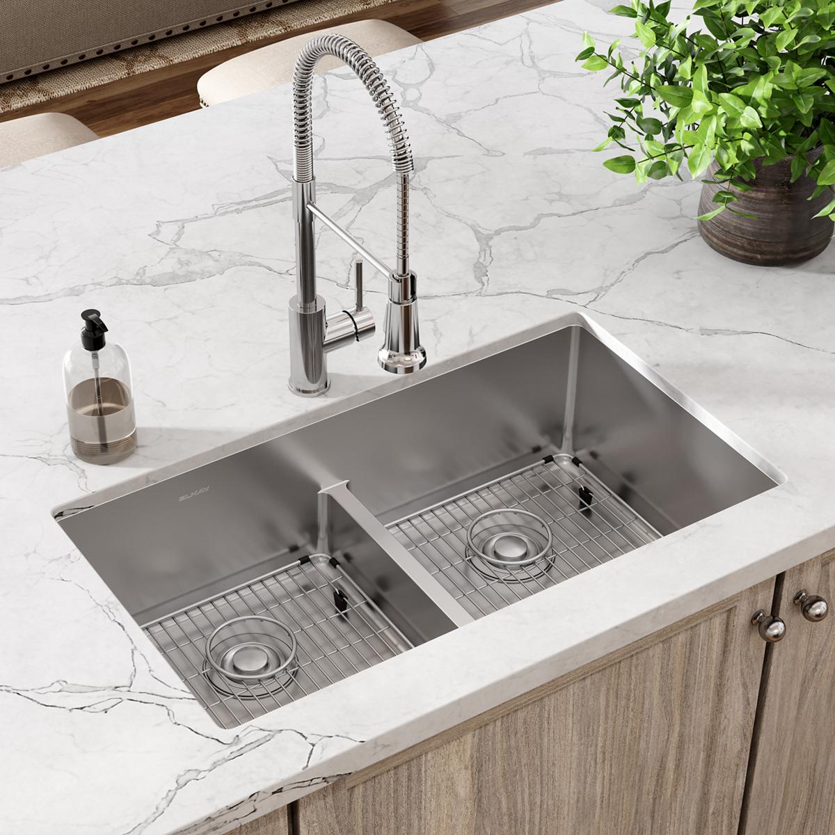 Elkay Crosstown 18 Gauge 33x22x9 Double Bowl Sink Kit with Aqua Divide for Modern Kitchens