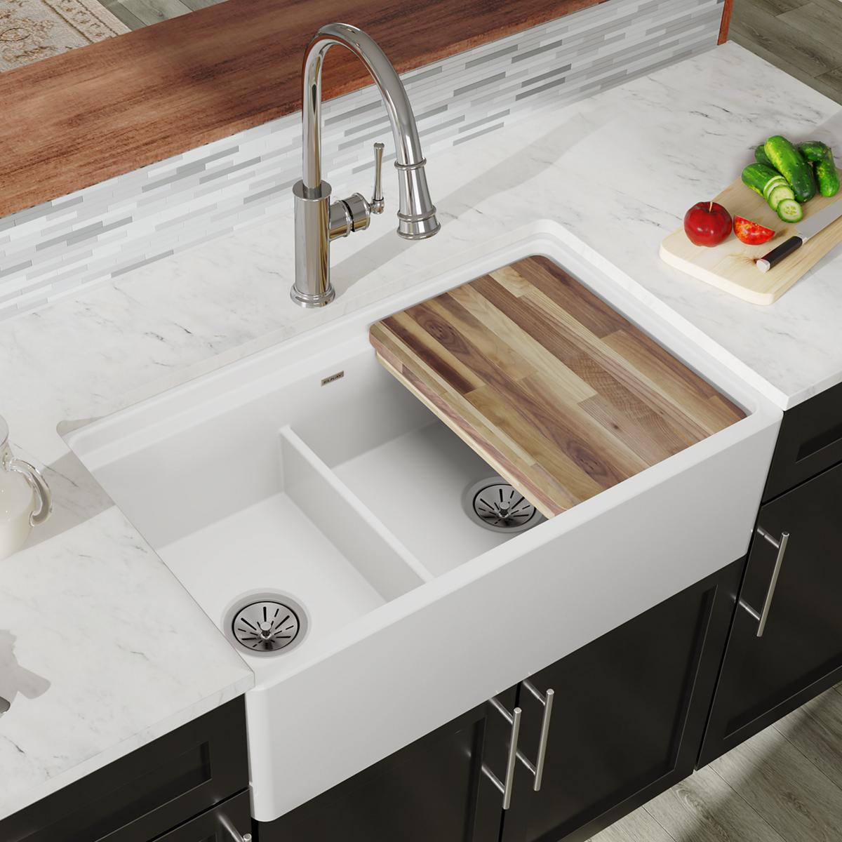 Elkay Premium Fireclay 33 x 19-15/16 x 9-3/16 Inch 60/40 Double Bowl Farmhouse Style Workstation Kitchen Sink with Aqua Divide