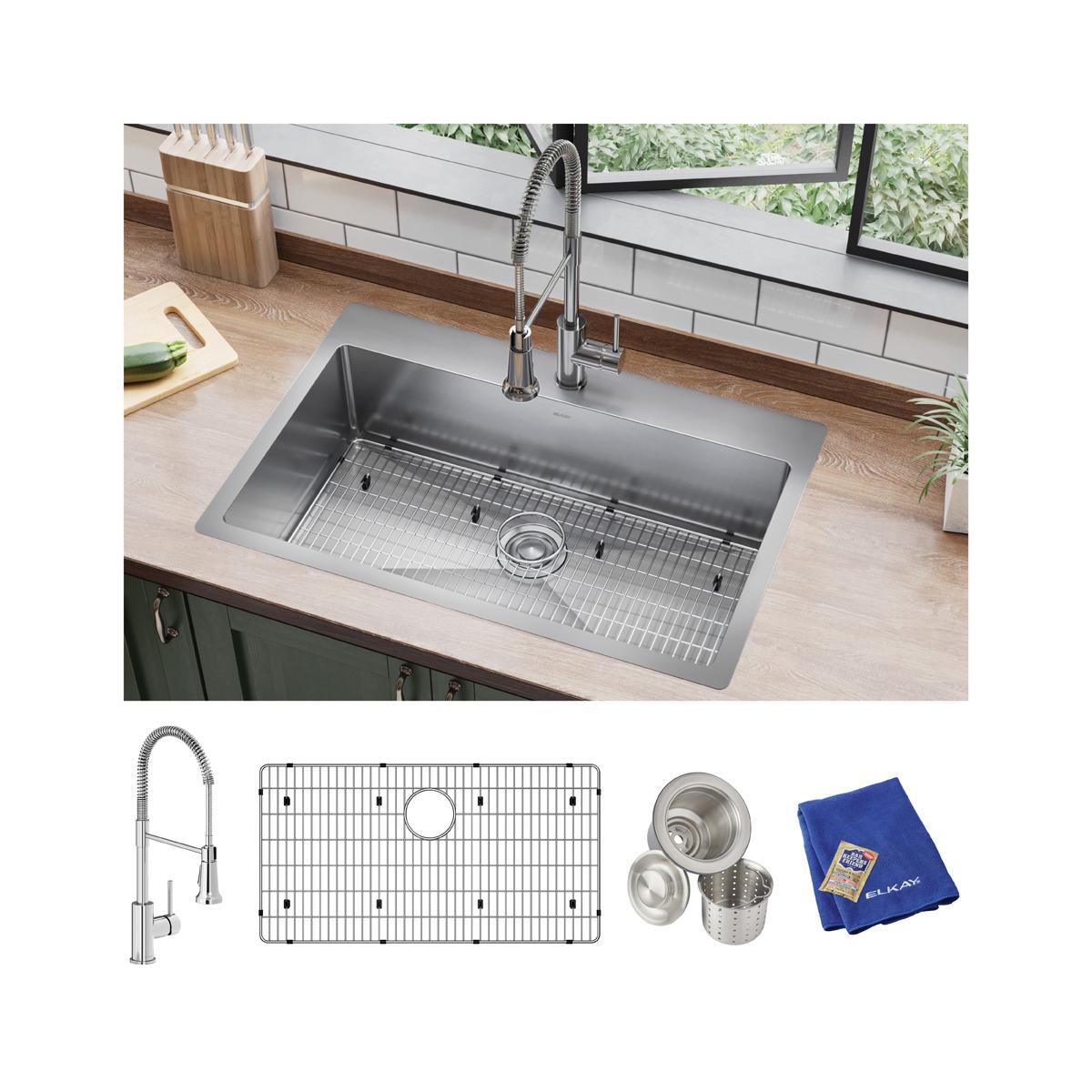 Elkay Crosstown 18 Gauge Stainless Steel 33 x 22 x 9 Single Bowl Dual Mount Kitchen Sink Kit with High - Quality Faucet