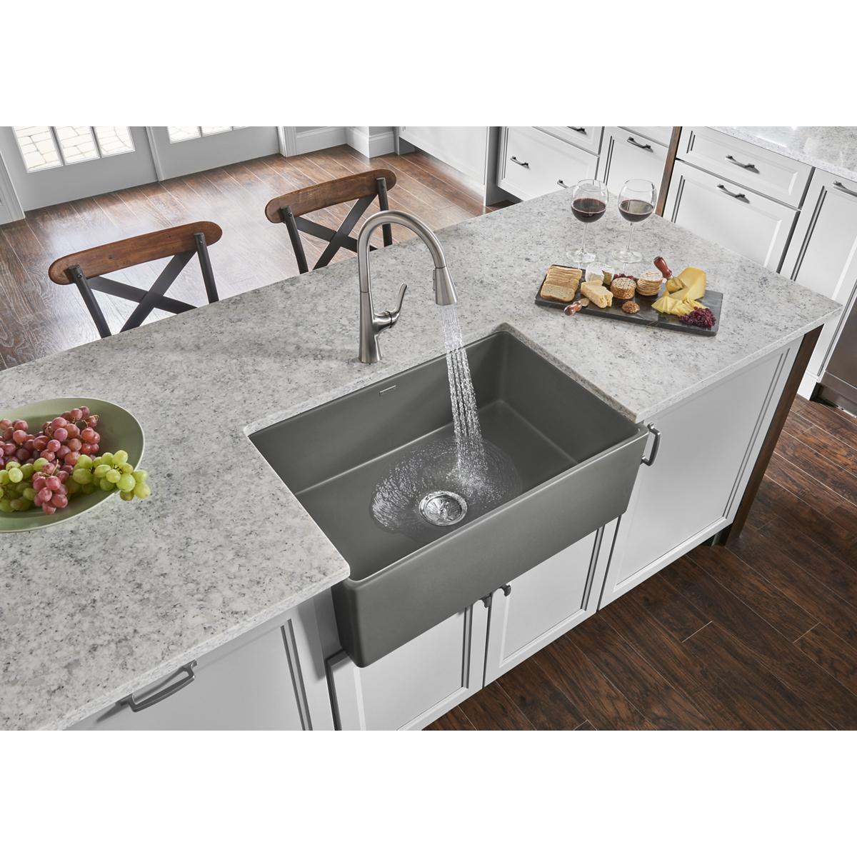 Elkay Fireclay Single Bowl Farmhouse Kitchen Sink in Elegant Gray, Measuring 30 x 19-15/16 x 9-1/8
