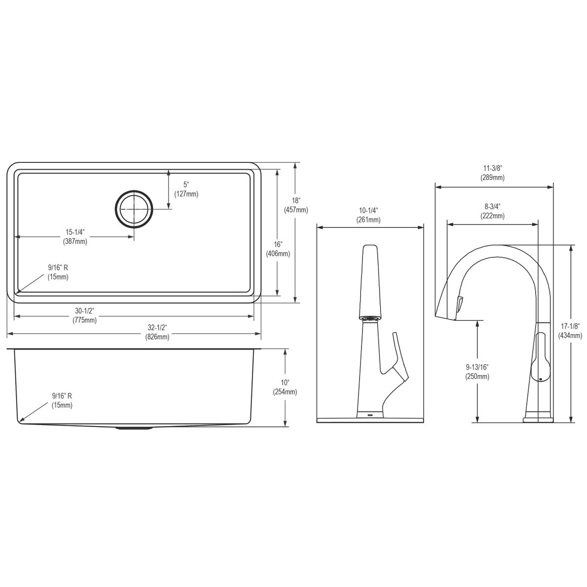 Elkay Crosstown Single Bowl Undermount Kitchen Sink Kit with Filtered Faucet - 16 Gauge, 32-1/2 x 18 x 10 Dimensions