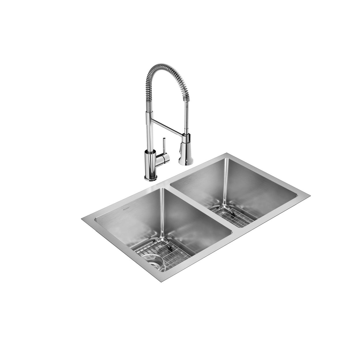 Elkay Crosstown High - Quality 16 Gauge Stainless Steel 30 - 3/4 x 18 - 1/2 x 10 Equal Double Bowl Undermount Kitchen Sink Kit with Faucet for Elegant Kitchens