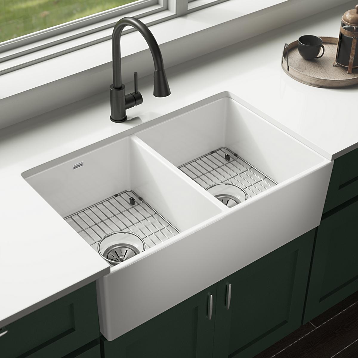 Elkay Premium Fireclay 33x19-15/16x9 Equal Double Bowl Farmhouse Sink Set