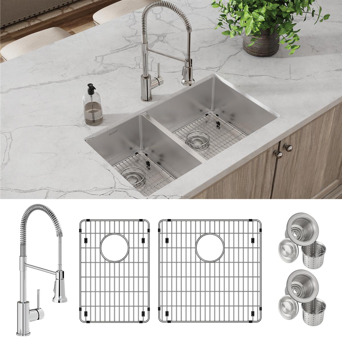 Elkay Crosstown 18 Gauge 31.5x18.5x9 40/60 Double Bowl Undermount Sink & Faucet Kit with Accessories