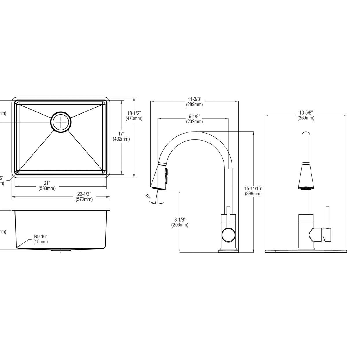 Elkay Crosstown Premium 18 Gauge Stainless Steel 22-1/2 x 18-1/2 x 9 Single Bowl Undermount Kitchen Sink and Faucet Kit with Bottom Grid and Drain