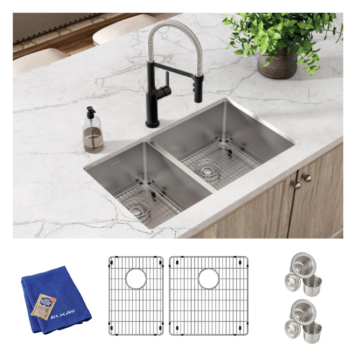 Elkay Crosstown 18-Gauge 31.5x18.5x9 40/60 Double Bowl Undermount Sink Set with Accessories