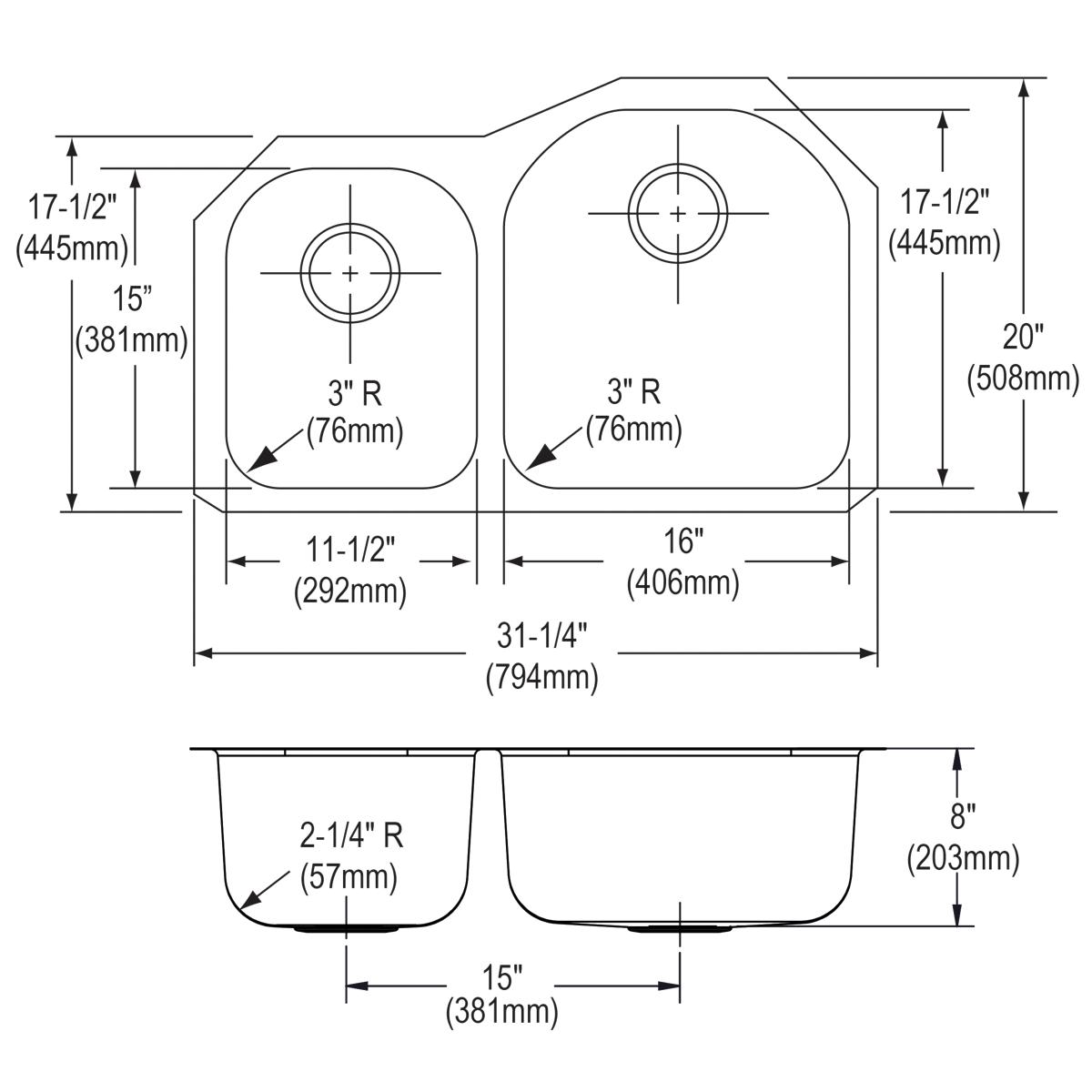 Elkay Dayton Premium 31-1/4 Inches by 20 Inches by 8 Inches Offset 40/60 Double Bowl Undermount Kitchen Sink