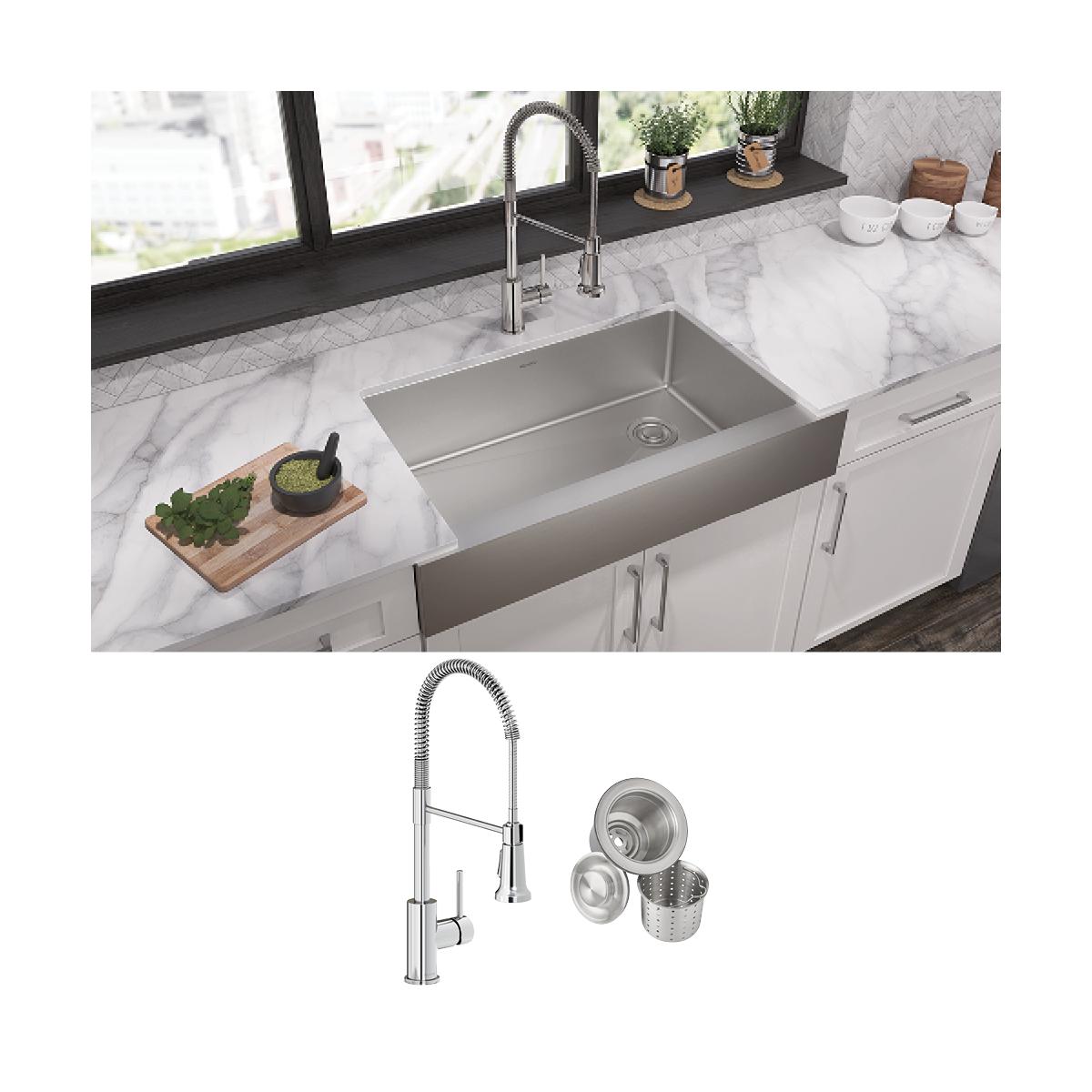 Elkay Crosstown 18 Gauge Single Bowl Farmhouse Kitchen Sink and Faucet Kit with Drain - A Complete 35-7/8 x 20-1/4 x 9 Inch Solution for Your Kitchen