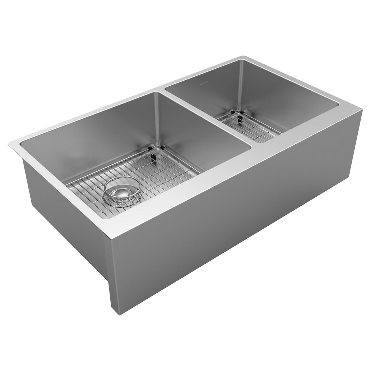 Elkay Crosstown 16 Gauge Double Bowl 35-7/8x20-1/4x9 Tall Farmhouse Sink Kit